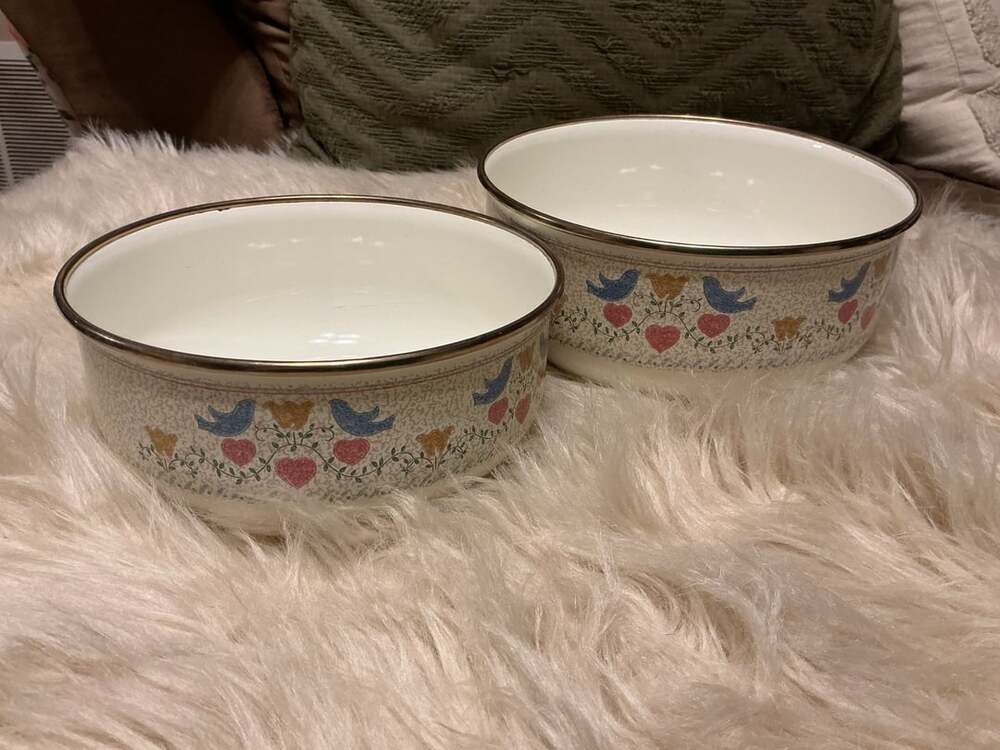Country Classics Enamel Bowls Set Of 2 Blue Birds Hearts